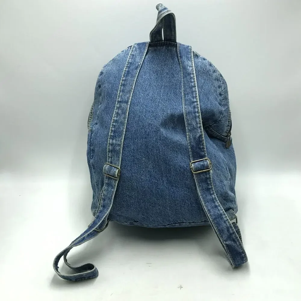 Vintage Riders Blue Jean Denim Backpack Leather Accents Utility Book Bag 90s
